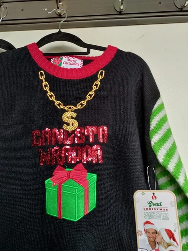 Ugly Christmas Sweater XL Gangsta Wrapper Sequin Knit NWT