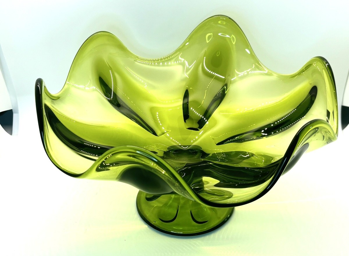 Vintage Viking Glass Green Epic Line Six Petal Compote Pedestal