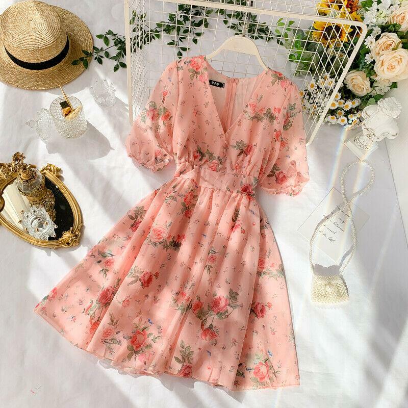 Womens Chiffon Mini Dress Floral Short Sleeve Lolita V-neck