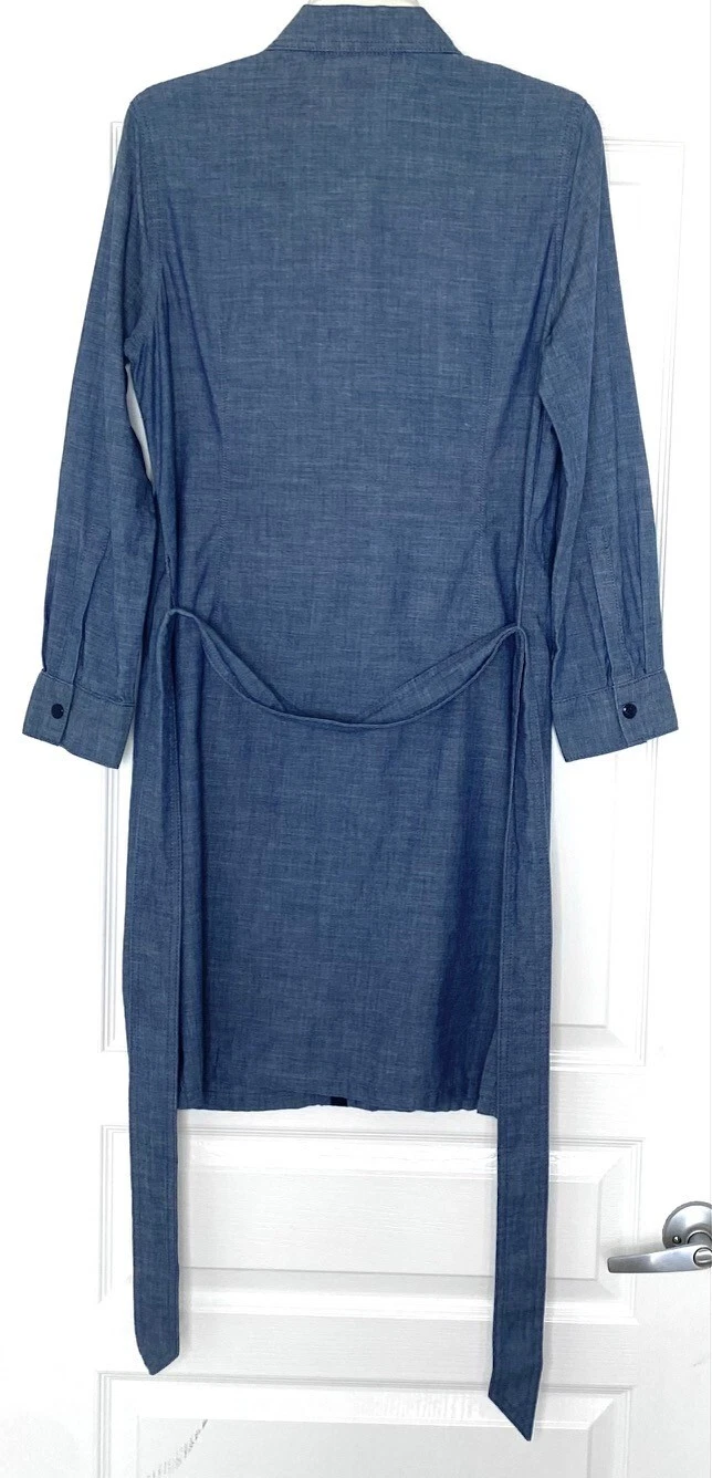 Camicia TORY BURCH Chambray blu Brigitte con cintura e cravatta in vita con bottoni abito 10 ?