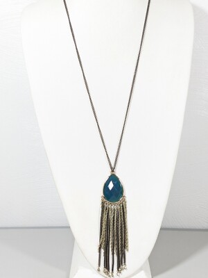 Ann Taylor LOFT Beachy Coastal Bronze Tone Blue Green Teardrop Long Necklace 30''