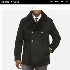 KENNETH COLE Size L Black Coat With Faux Shearling Collar NEW