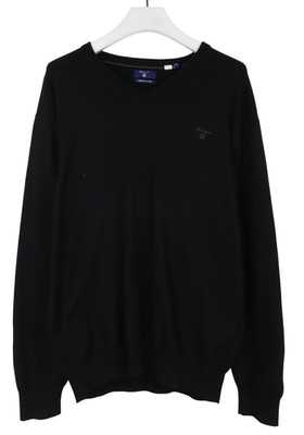 Gant Premium Cotton Sweater Mens 2XL Black V Neck Logo Knit Pullover