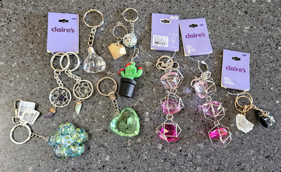10Pc Claire s Girls Keychains Caged Hearts Dream Catcher Crystal Diamond Cactus