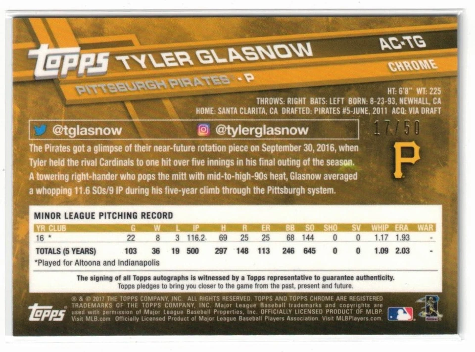 2017 Topps Sapphire Chrome RC AUTO Tyler Glasnow #AC-TG! Rookie! Autograph! /50 - Image 2 of 2