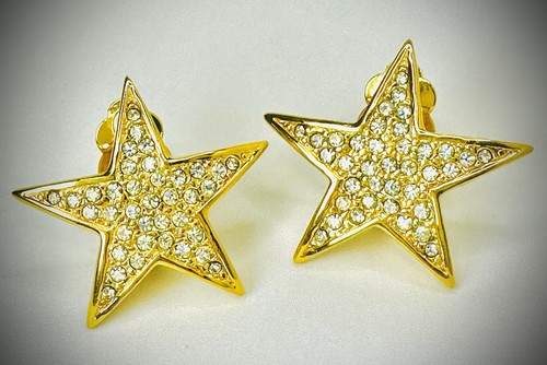Joan River  Star Earrings Clip On Brilliant Pave Rhinestones Gold Tone Vintage