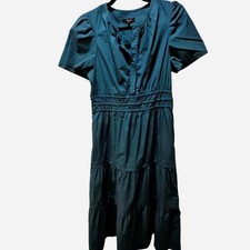 Quince Green Organic Cotton Poplin V-Neck Puff Sleeve Smocked Maxi Dress S