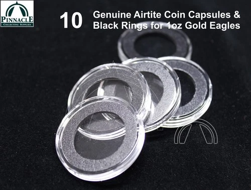 10 Airtite Coin Capsule Holders w 32mm Black Rings for 1oz Gold American Eagle