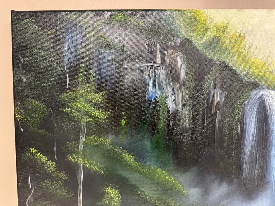 "Cascada de bosques profundos brumosos, paisaje, pintura al óleo original sobre lienzo de 20x36""" Foto 2 de 4