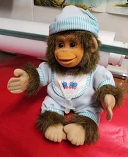Vintage 1994 Hosung Baby Chimp Flocked Face Blue Pj’s  Bib & Pacifier 12”