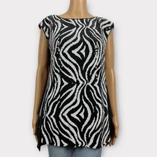 W By Worth Size 8 Black White Zebra Animal Print Button Back Tunic Shirt Sequins