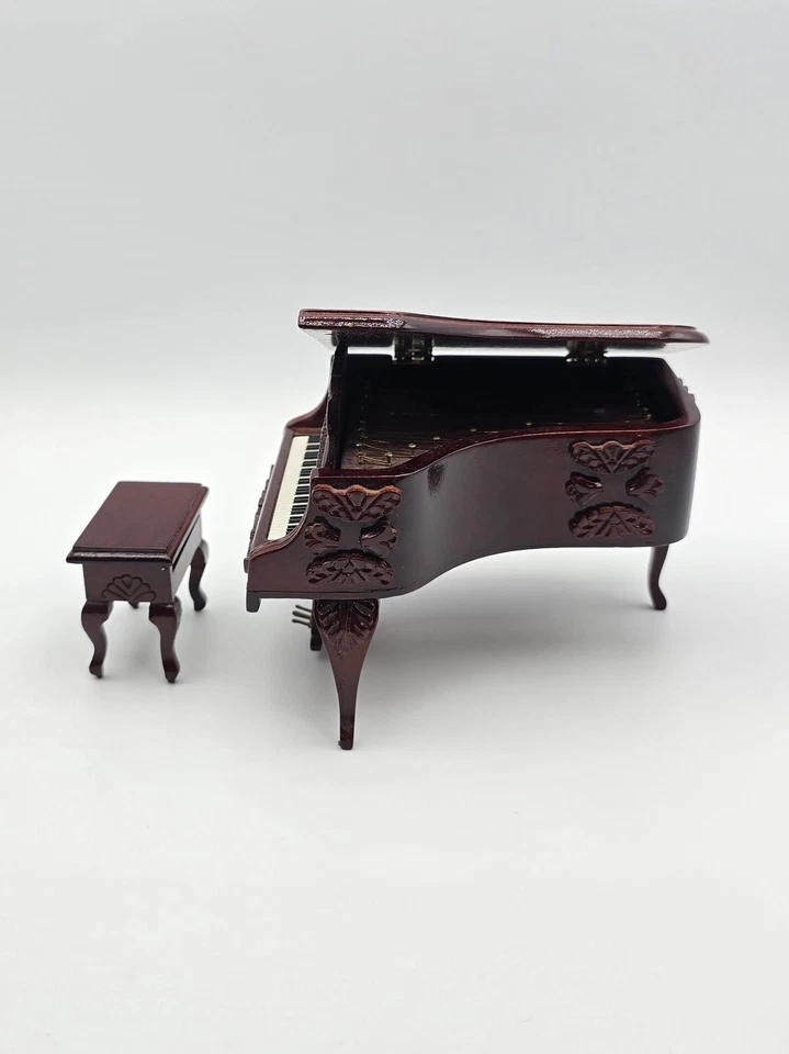 Casa de muñecas miniaturas caoba piano de cola y taburete escala 1:12 cuerda caja de música Foto 4 de 4