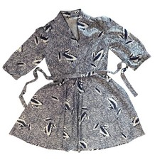 Preppy Vtg 70s Midi Dress 3/4 Sleeves Blue & White Feather Old Money Quiet Luxu