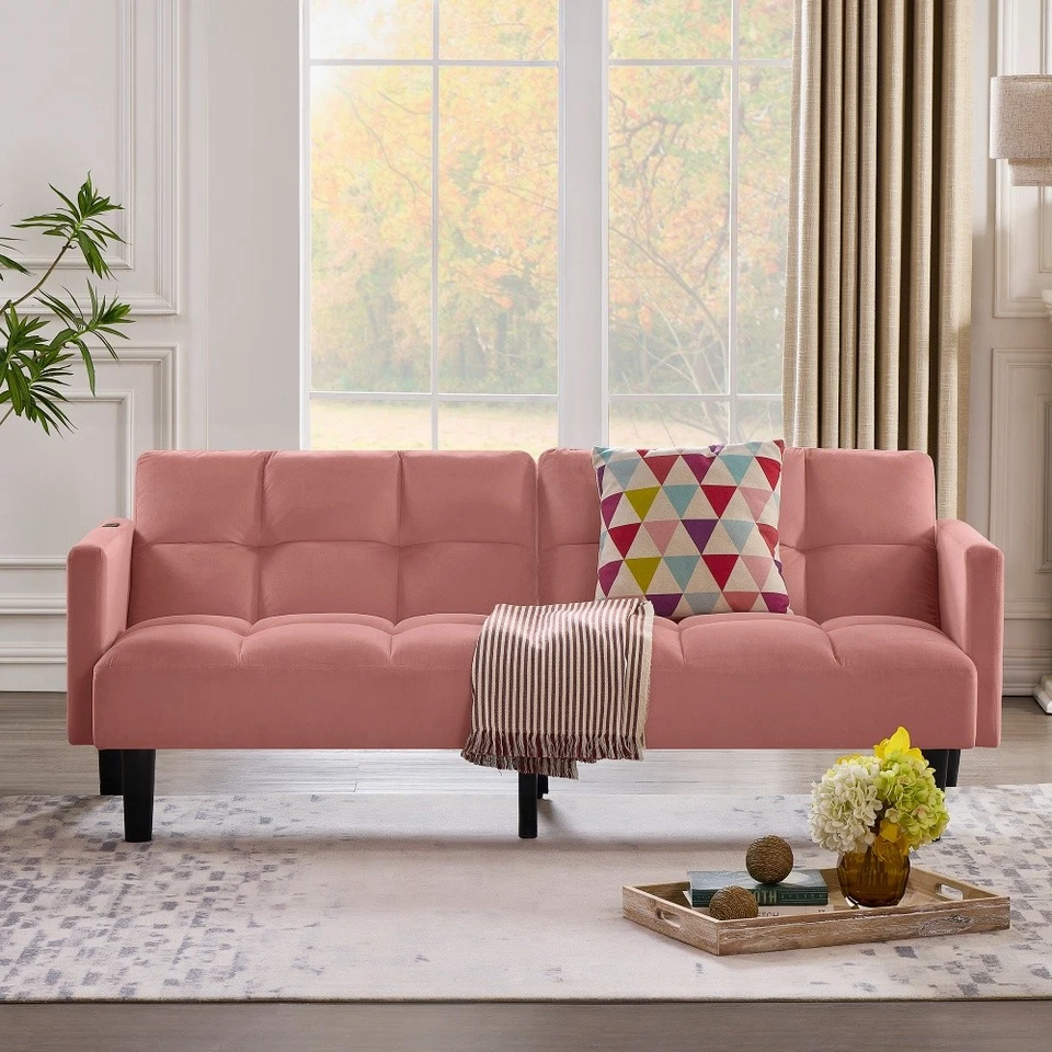 Sofá futon de veludo rosa conversível dobrável sofá-cama tufado para apartamento - Imagem 2 de 4