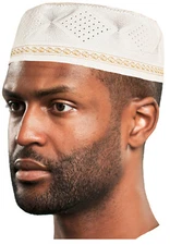 White with Gold Kofia Hat African Embroidered Kufi Cap