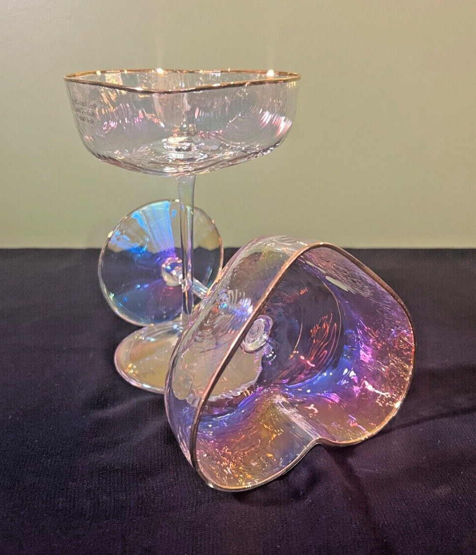 Set of 2 David Tutera Heart Shaped Iridescent Coupe Champagne Glasses NEW