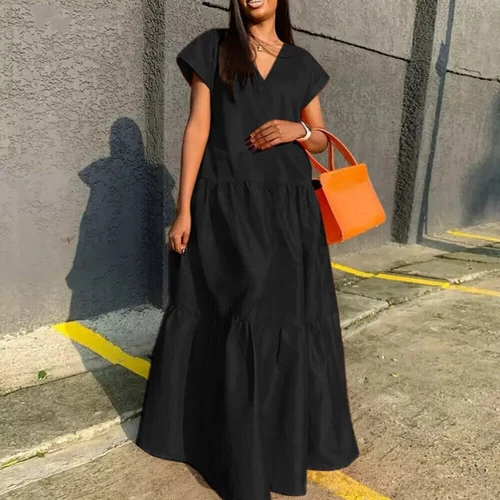 Plus Size V Neck Baggy Maxi Dress Women Short Sleeve Kaftan Casual Long Dress - Bild 6 von 27