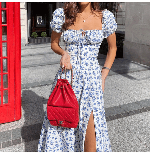 2023 Spring Women's Sexy Floral Dress Square Collar Puff Sleeve Lace-up Dress - Picture 22 of 26