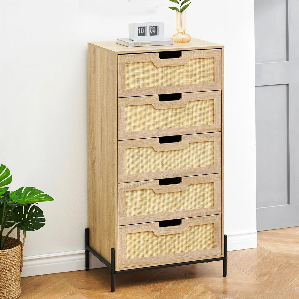 Cómoda de 5 cajones cómoda para dormitorio mesita de noche alta almacenamiento armario superior de madera Foto 2 de 4