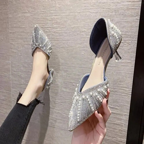 Women Crystal 6CM Pointed Toe High Heels Thin Heel Pumps Bride Wedding Shoes - Picture 11 of 12