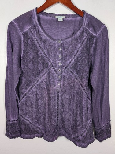 Sundance Top Women's Medium Purple Lace Henley Long Sleeve Shirt Long Sleeve