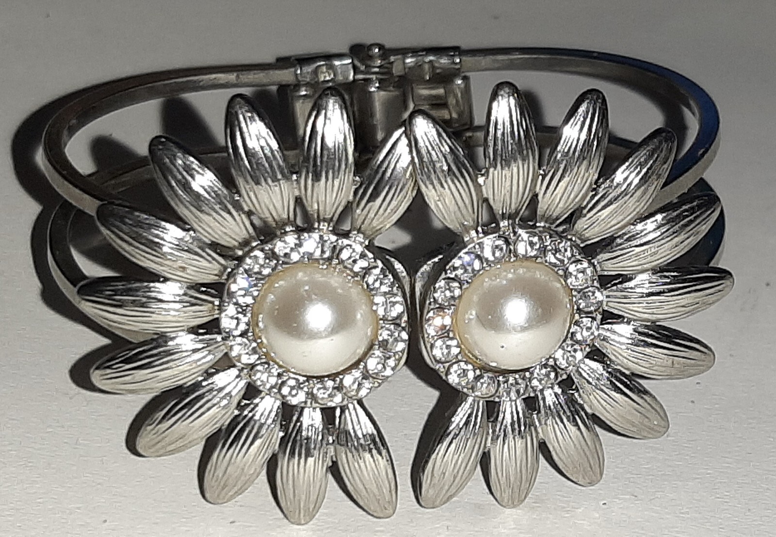 flower silvertone hinge cuff bracelet bangle - image 1