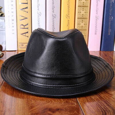 Mens Genuine Sheepskin Leather Bucket Hat Fedora Style Casual Gentleman Hat 