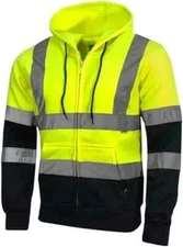 HI VIZ VIS VISIBILITY HOODED REFLECTIVE WORK ZIP FLEECE SWEATSHIRT JACKET SIZE