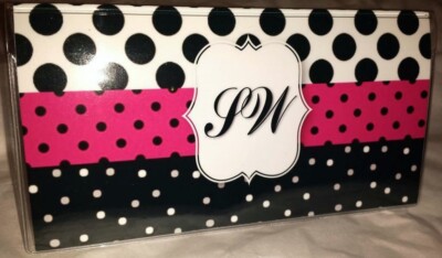 Checkbook Cover Black Pink Dots Customized Initials Suzie's Designs Great Gift!