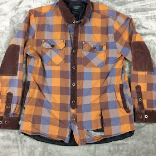 Harley Davidson Shirt Mens Large Lined Plaid Corduroy Collar Elbow Patches HOLE - Picture 1 of 13