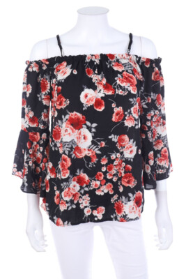 Chicorée Bluse Cold-Shoulder Blumen Print M rote Beerentöne schwarz
