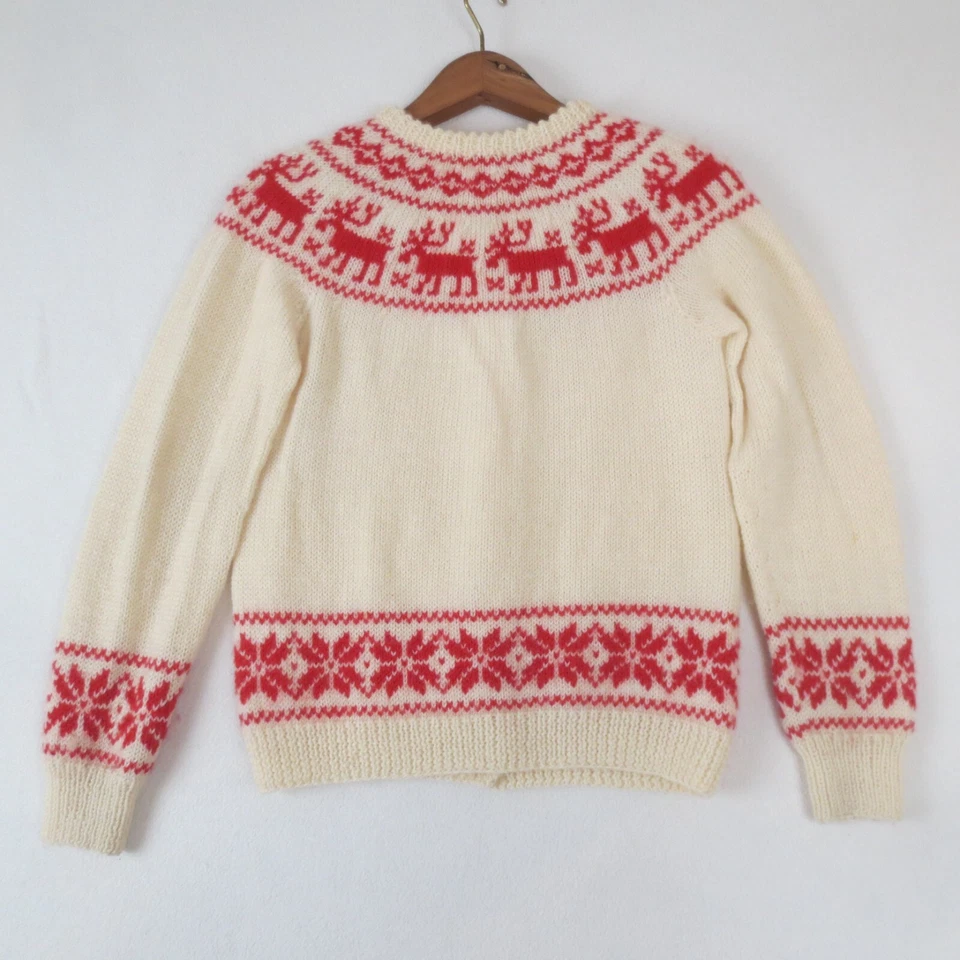 Cardigã suéter feminino tricotado à mão na Noruega lã vermelha creme Fairisle botão para cima - Imagem 2 de 4