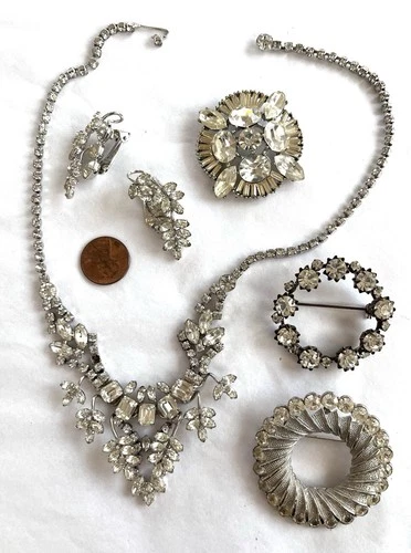 Vintage 60's Clear Rhinestone Costume Jewelry Lot, BSK, Austria, Necklace Set