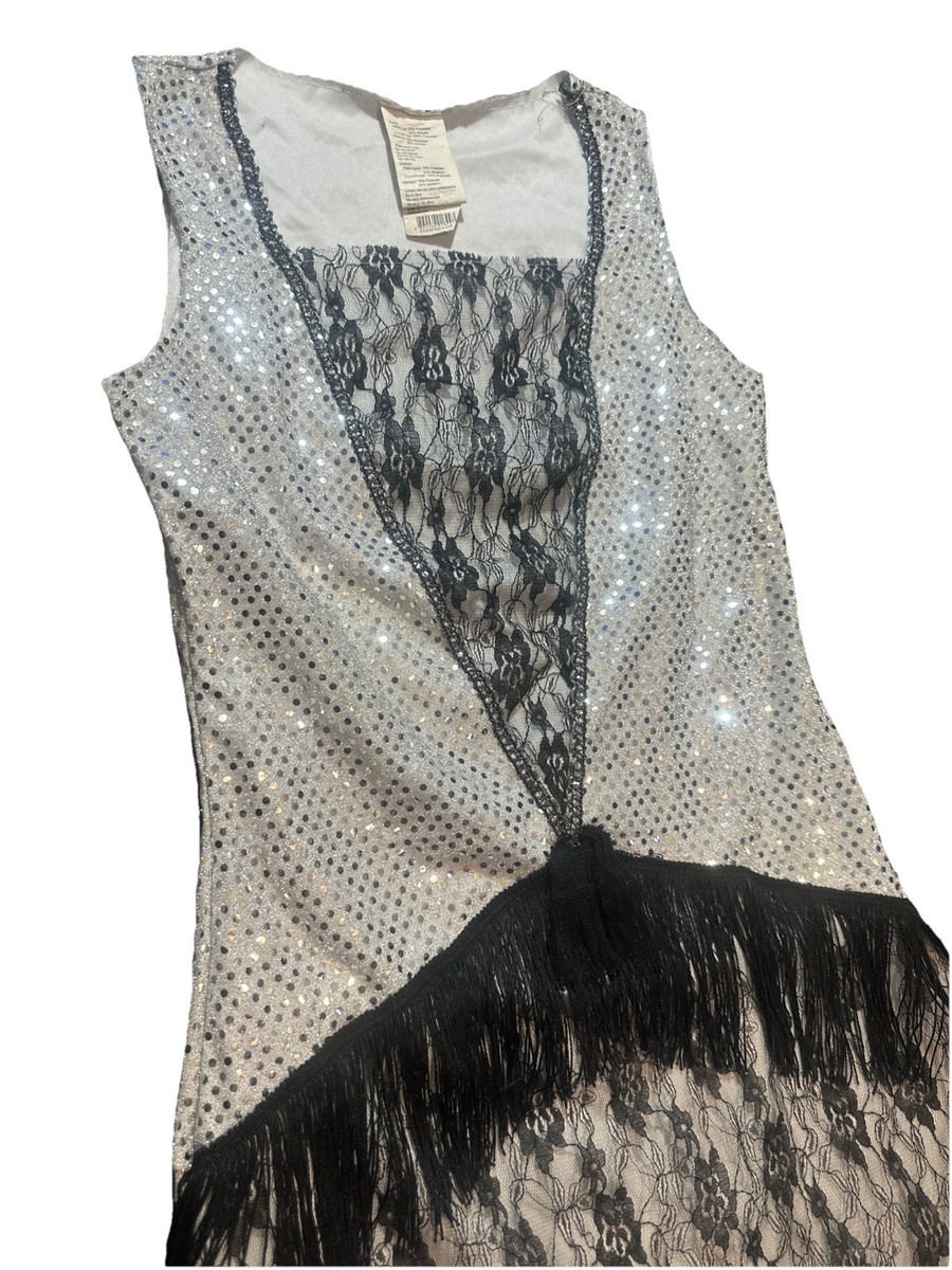silver sequin flapper dress Silver Sequined Flapper Dress M Roaring 1920's Fringed Lace Party Great  Gatsby