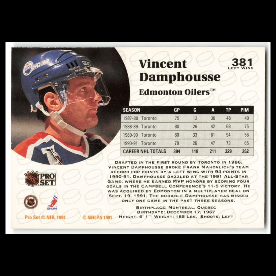 Vincent Damphousse #381 1991 Pro Set Edmonton Oilers Hockey Card NHL NM - Image 2 of 3