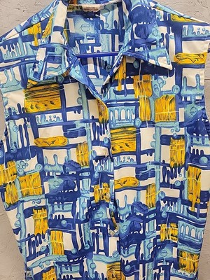 Vintage Mod Tank Top Psychedelic Sleeveless Retro 60s Blue Yellow blouse Sz 44