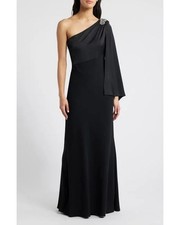 Vince  Camuto Black Rhinestone Detail One-Shoulder Satin Gown Size 4 $268