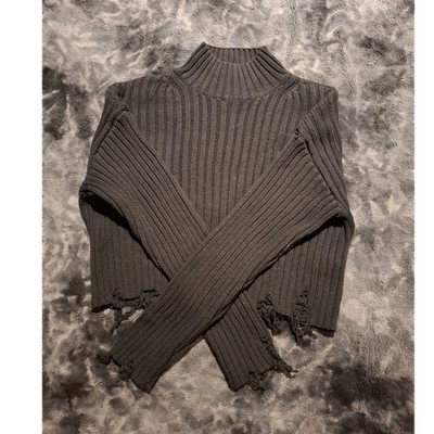Rita Ora x Primark Damen Grobstrickpullover grau Rollkragen Fransen Langarm S