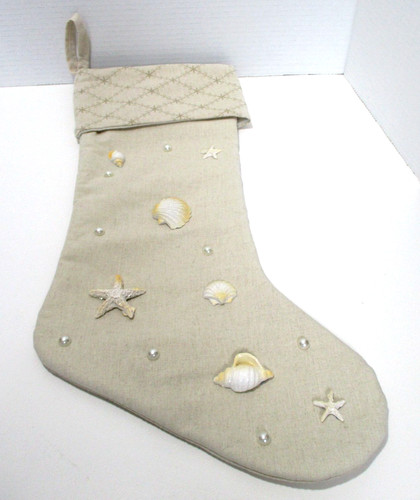 Coastal Beach Christmas Stocking Seashells Faux Pearls Starfish Glitter 20"