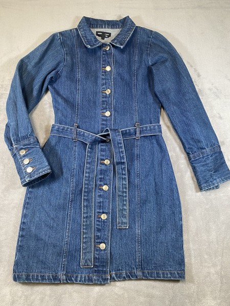 WEDNESDAYS GIRL szXS Dark Blue Denim Dress Belted Buttoned Cuff Versatile Jacket