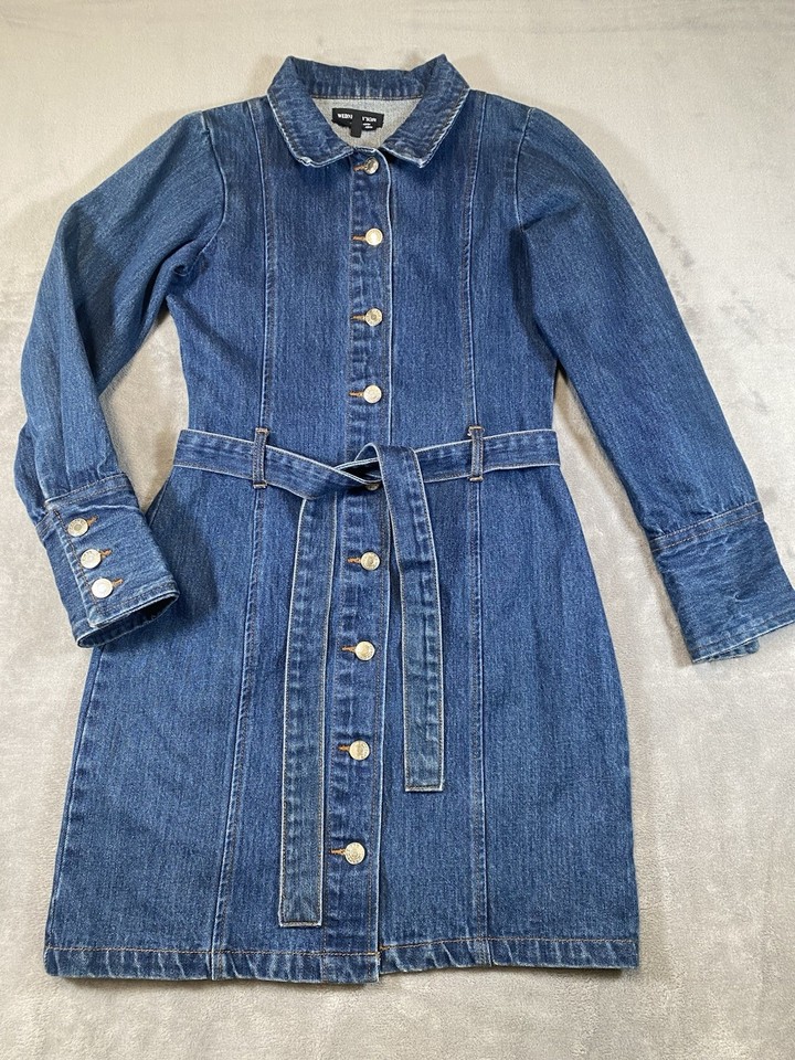 WEDNESDAYS GIRL szXS Dark Blue Denim Dress Belted Buttoned Cuff Versatile Jacket
