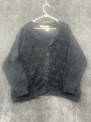 White Stag Cardigan Sweater Womens 22W / 24W Black Ramie Crochet Lace Overlay