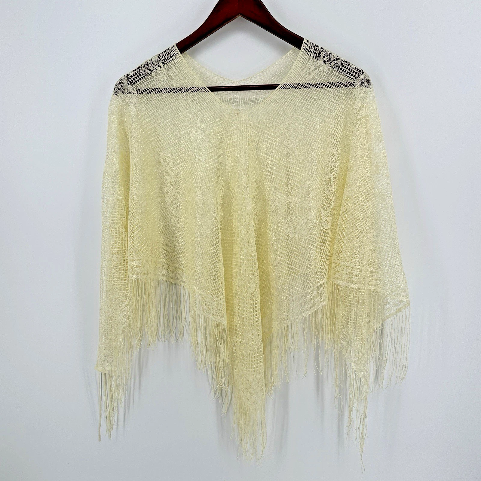 Vintage Women's Lace Fringe Poncho Shawl Yellow One Size Lightweight