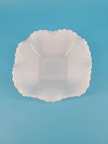 Vintage Diamond Pattern Milk Glass Square Candy Dish Ruffled Edge Hobnail
