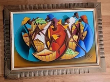 Vintage Fritz Rock Naive Haiti Haitian Cubist Oil Painting Canvas artist listed