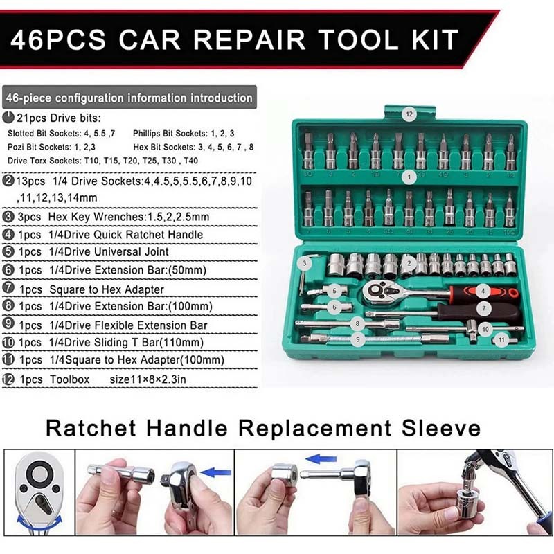 46 Pcs Socket Wrench Set 1/4" Drive Ratchet Metric Kit Garage Car Repair Tool US