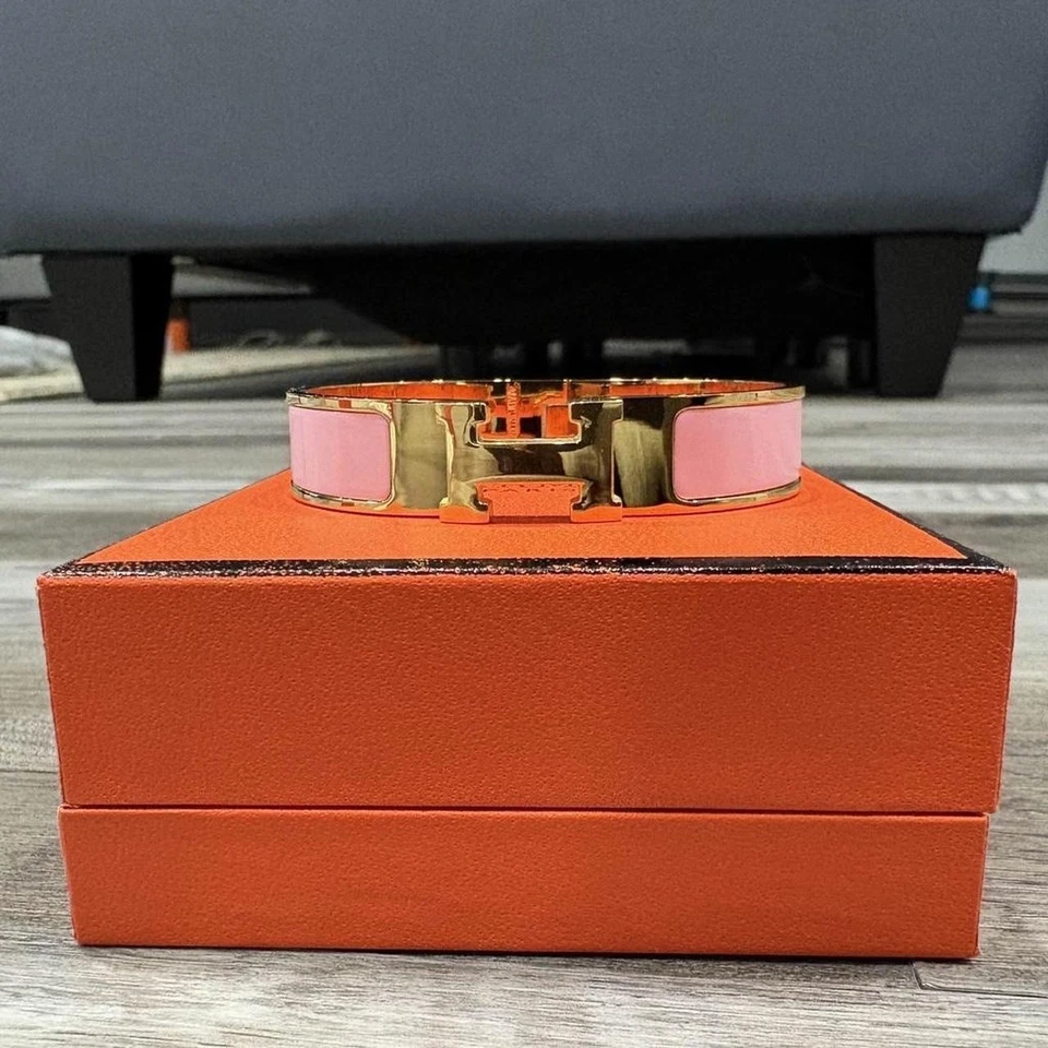 Brazalete Brazalete Mujer Hermes Rosa Esmalte Chapado en Oro Clic H Foto 2 de 2