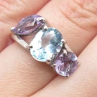 925 Sterling Silver Vintage Real Blue Topaz & Amethyst Cluster Ring Size 6.75