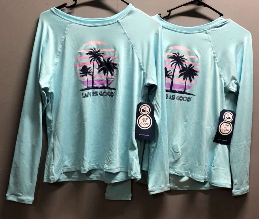 2PK Ladies Long Sleeve Sunshirt UPF 50+ ~ Palm Tree Design ~ Medium ~ Baby Blue