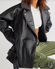 Free People Rori Slouchy Moto Leather Biker Jacket, Black. M.